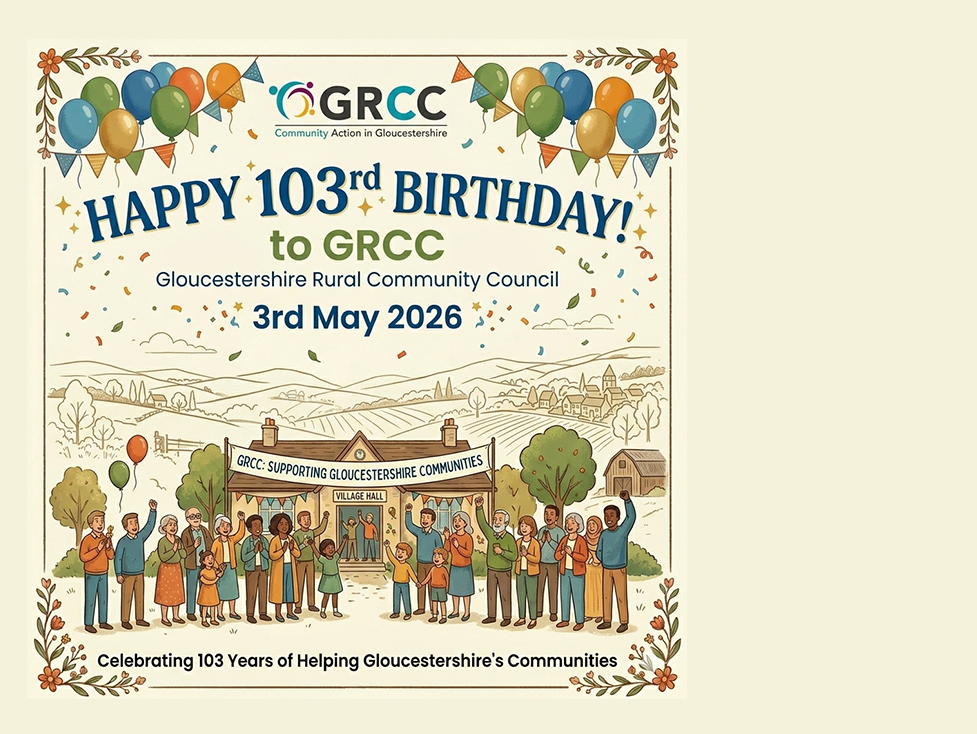 Birthday card style image with the headline Happy 103rd Birthday to GRCC, featuring balloons and a cartoon picture of a village hall with people outside celebrating GRCC's birthday.