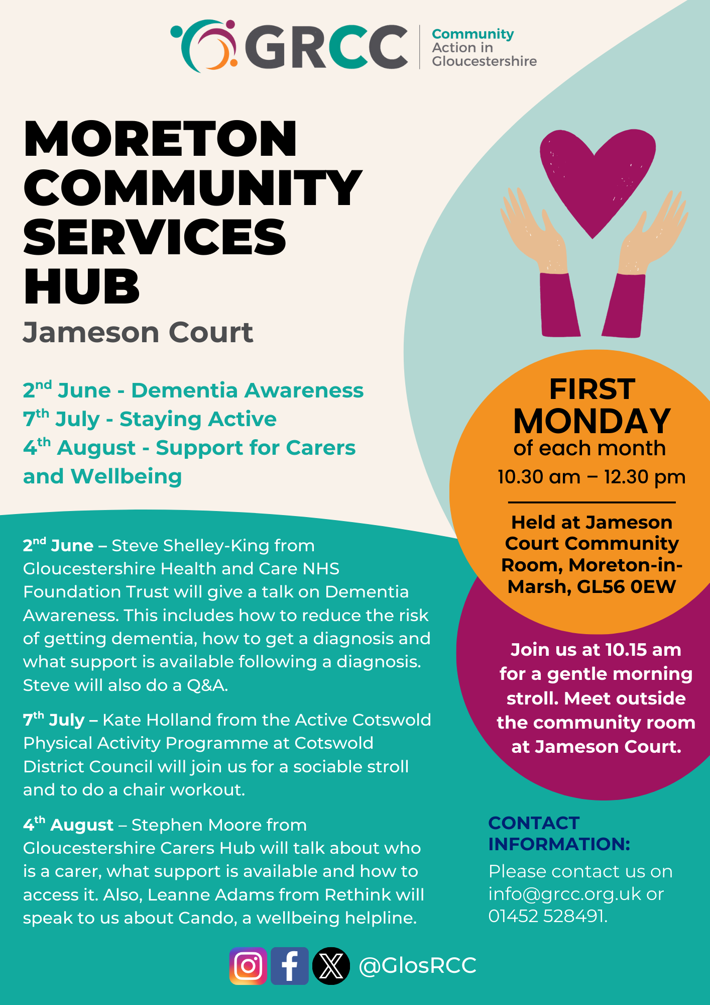 Flyer showing North Cotswolds Community Hub activities June, July and August 2025